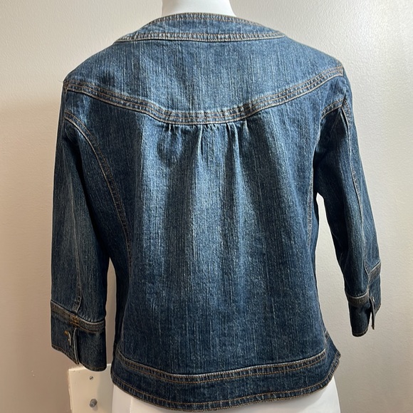 Territories denim jacket 3/4 sleeve crop contrast stitch pockets button front M - Picture 5 of 12